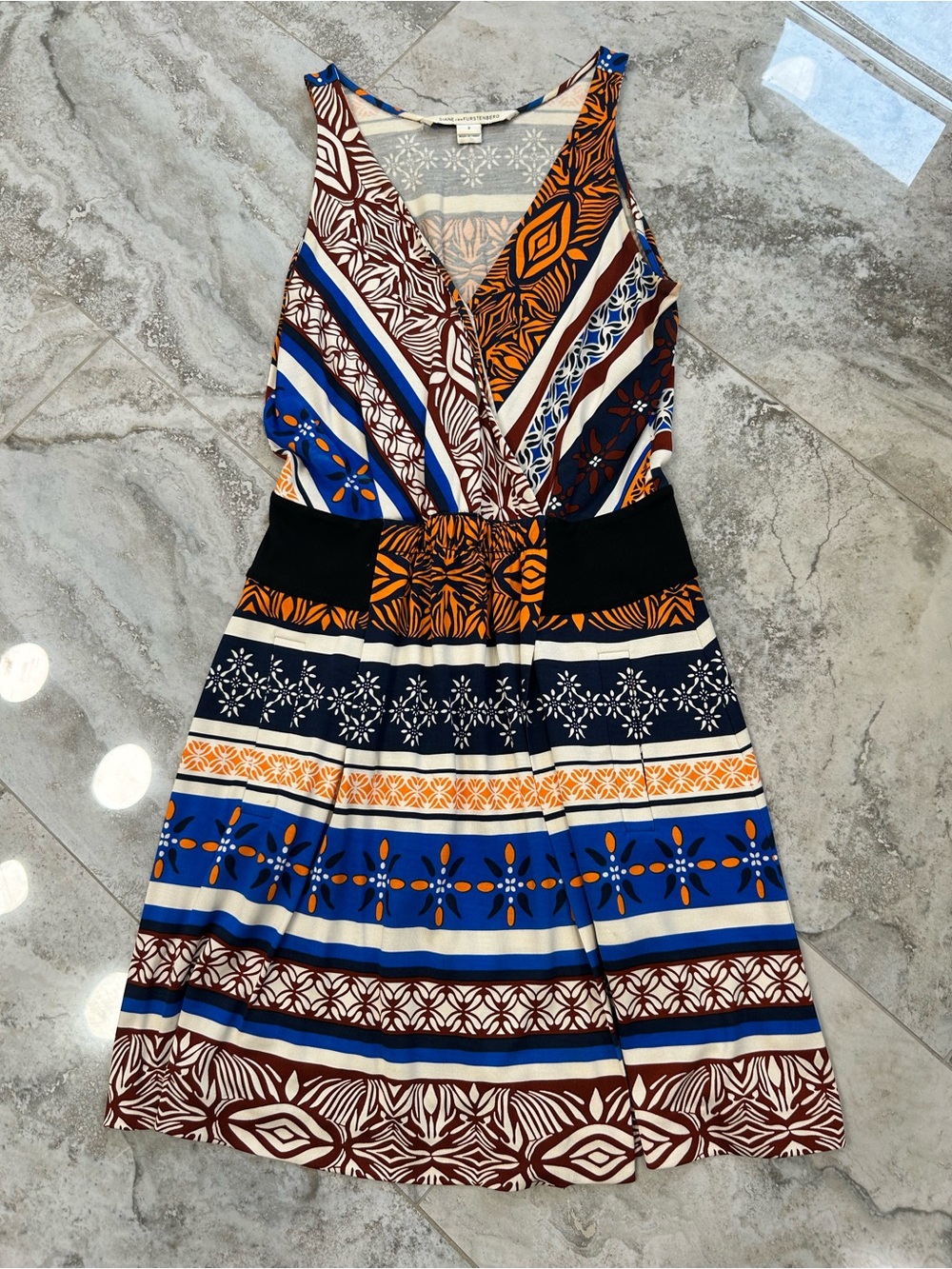 Diane Von Furstenberg Sleeveless V-Neck Dress in Blue, Brown, Orange and Black